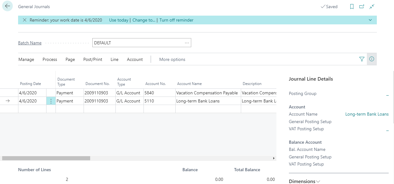 New Posted General Journal page in Dynamics 365 Business Central 2020