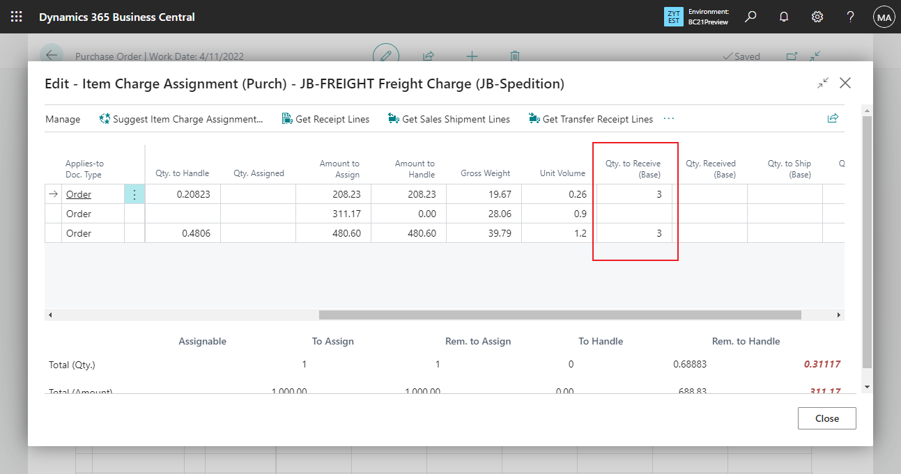 business central item charge assignment by weight
