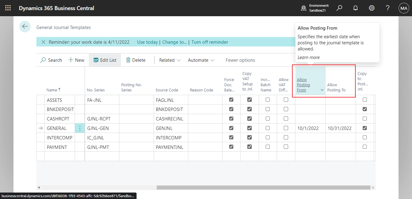 Dynamics 365 Business Central How to use “Allow Posting From” and