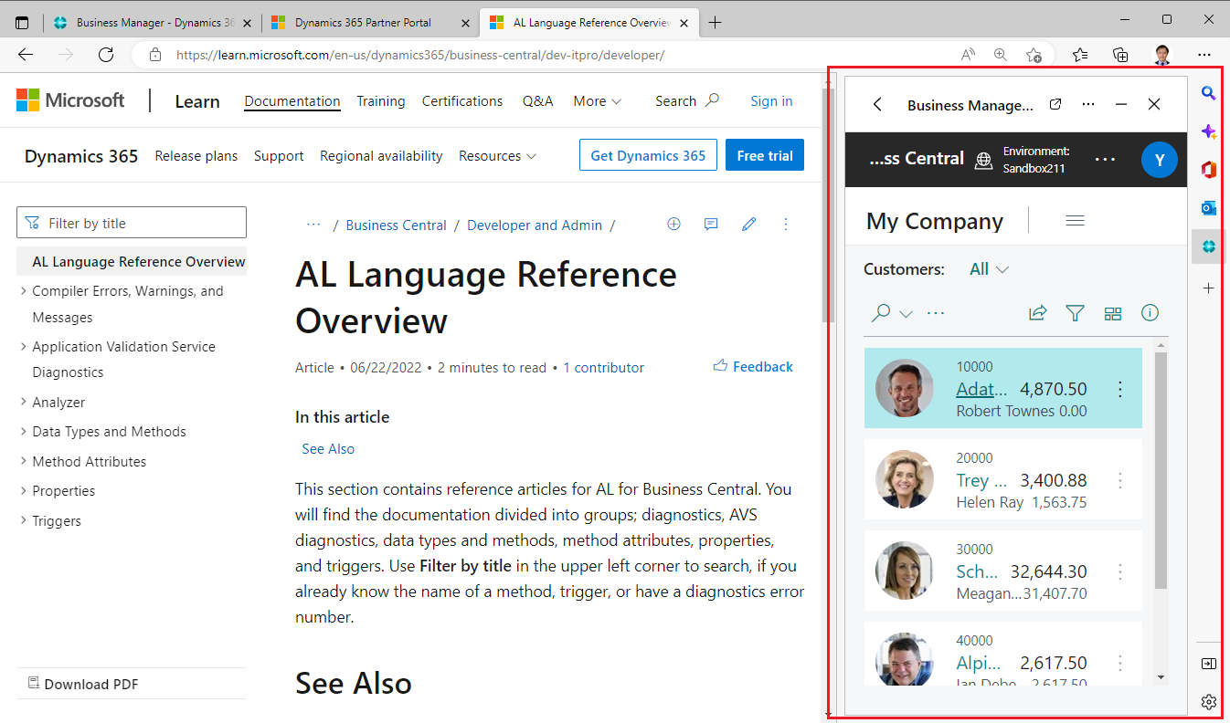 Adding Dynamics 365 Business Central to the new sidebar in Microsoft Edge