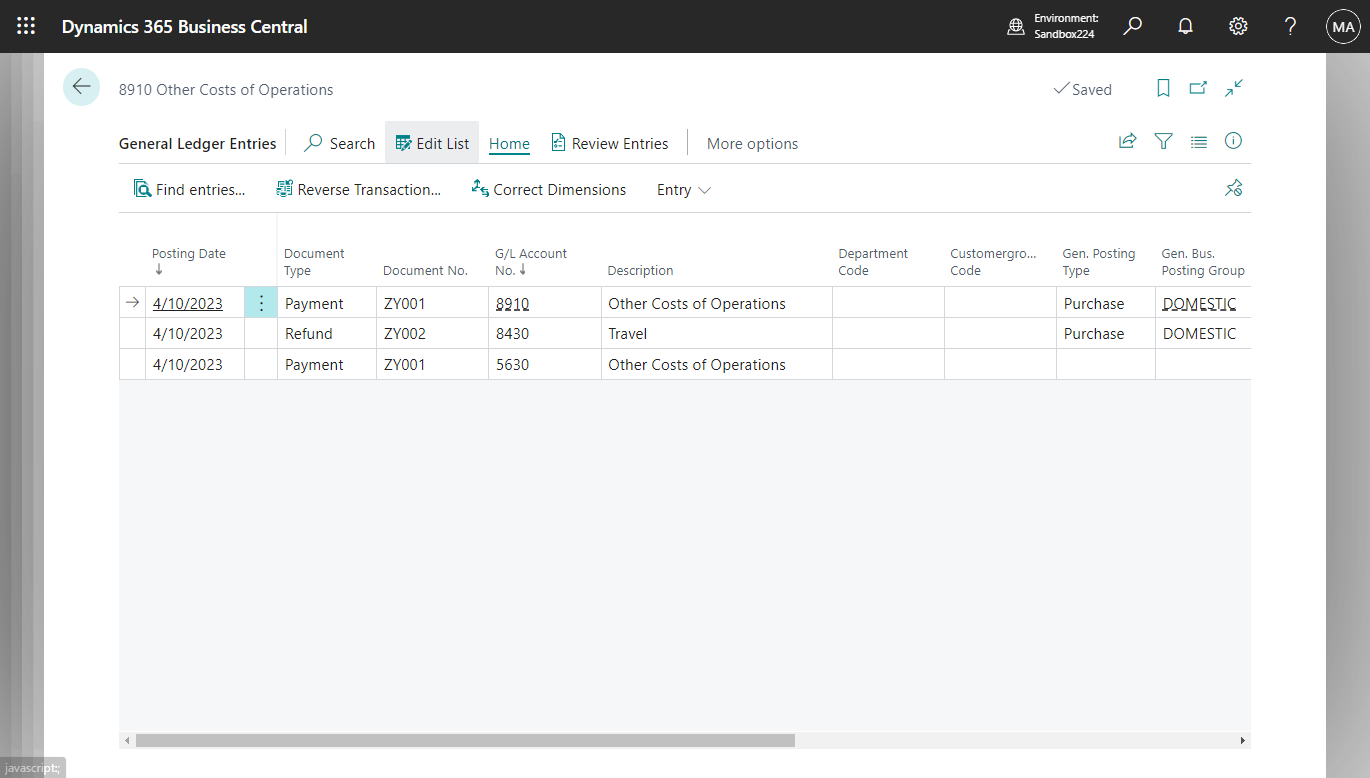 Dynamics 365 Business Central Balance by document number and document