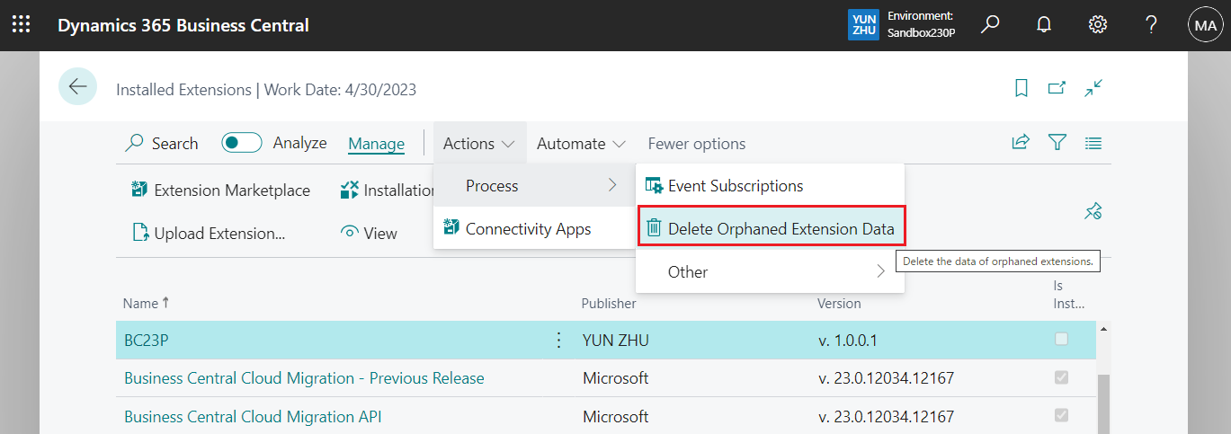 Delete data from uninstalled extensions as an admin (Delete Orphaned Extension Data) – Business Central 2023 wave 2 (BC23)