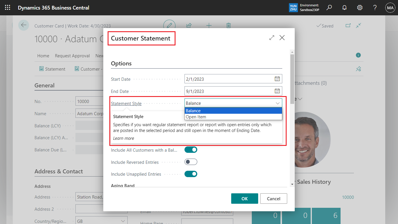 Business Central 2023 wave 2 (BC23): Generate a customer statement only with open entries (Statement Style)