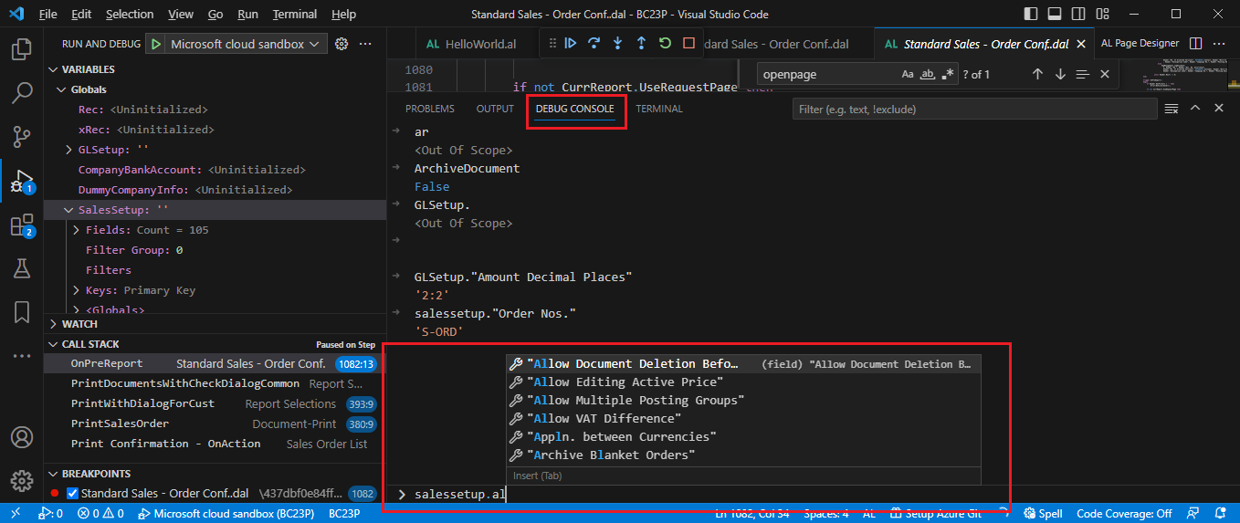 Business Central 2023 wave 2 (BC23): Get IntelliSense for adding variables in Visual Studio Code AL debugger console