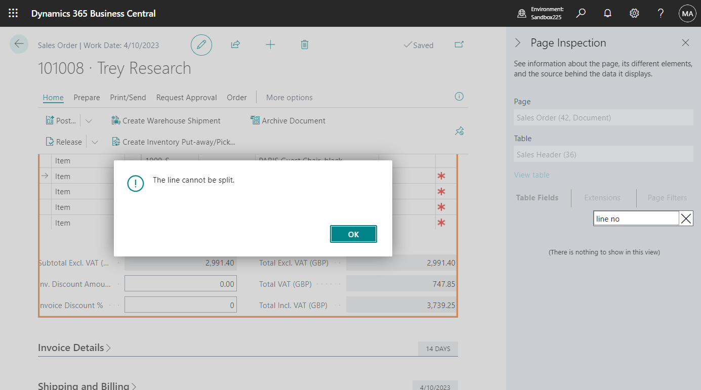 Business Central Standard Error: The line cannot be split & There is ...