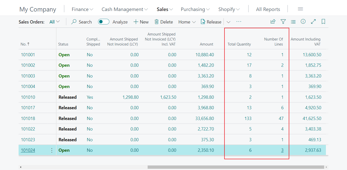 Dynamics 365 Business Central: How to add Total Quantity, Number of Lines to the Sales Order List page – Customization