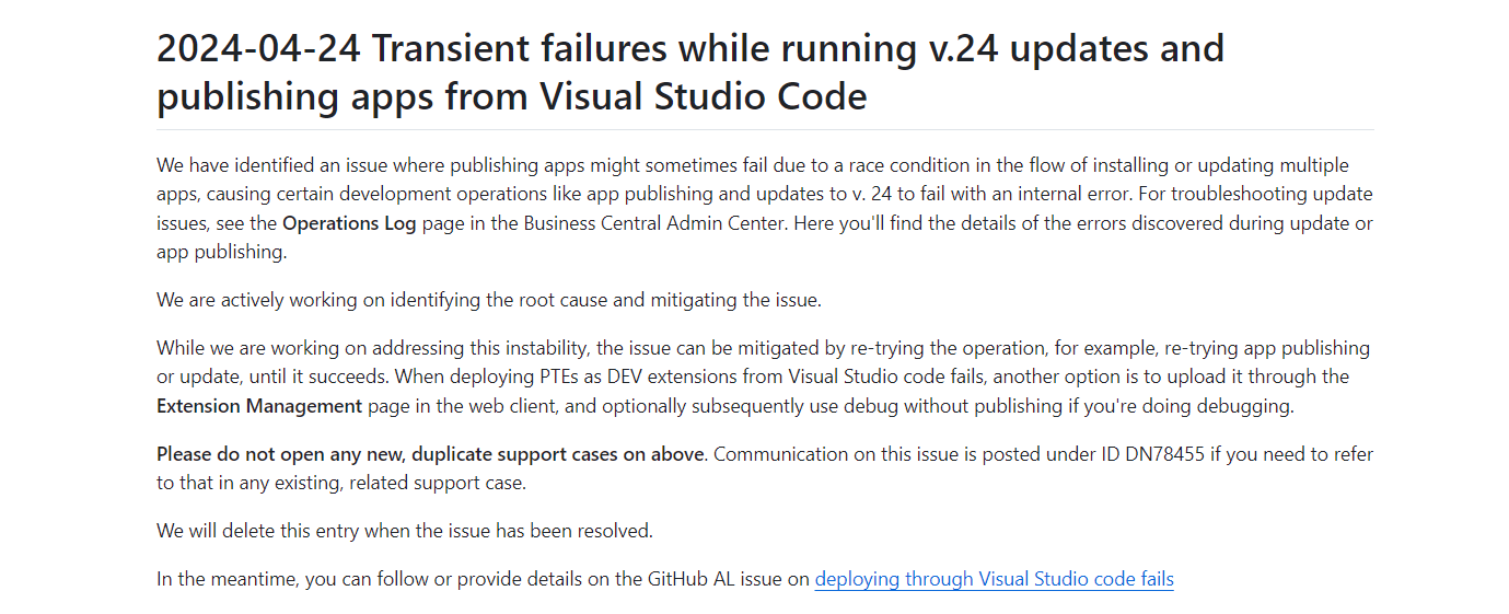Business Central Information sharing: Transient failures while running v.24 updates and publishing apps from Visual Studio Code (Cannot start a debug session)