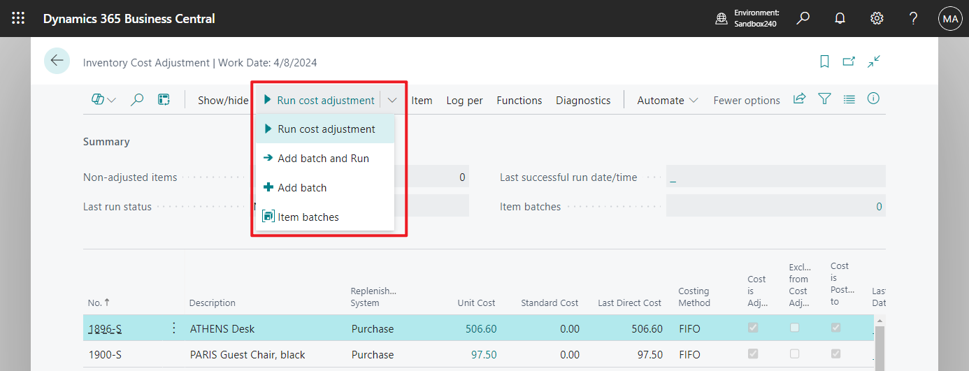 Business Central 2024 wave 1 (BC24) Inventory Cost Adjustment tool
