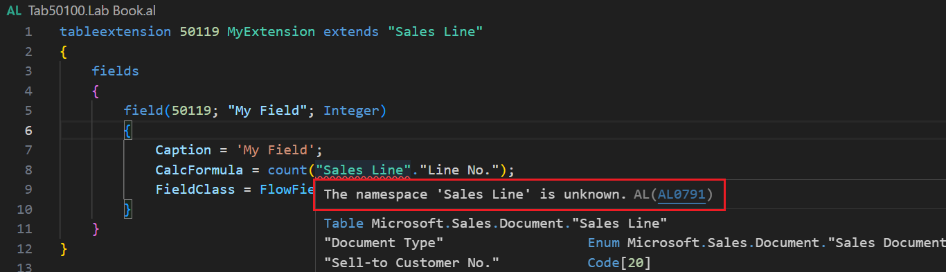 Dynamics 365 Business Central: The namespace ‘xxxx’ is unknown in CalcFormula Property
