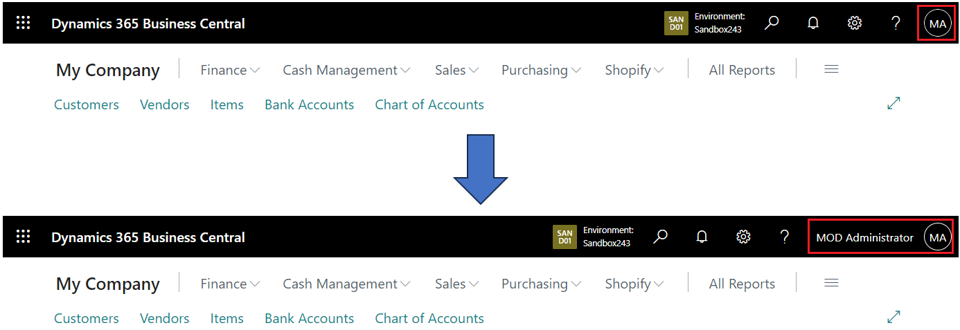 Dynamics 365 Business Central: Show the user’s display name on the top navigation bar when user is signed in