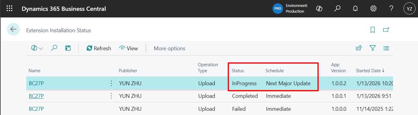 Dynamics 365 Business Central: Cancelling a scheduled PTE update install (Next Major/Next Minor)