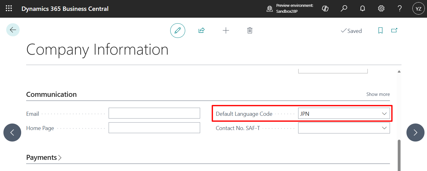 Business Central 2026 release wave 1 (BC28): Set default language for documents on the company level (Default Language Code)