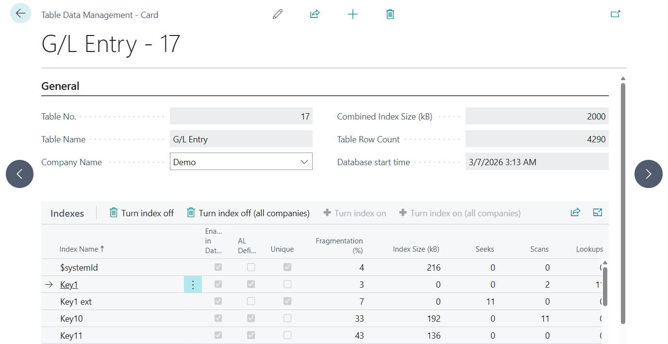 Business Central 2026 release wave 1 (BC28): Manage database index usage and cost per company (View index and Turn off indexes)
