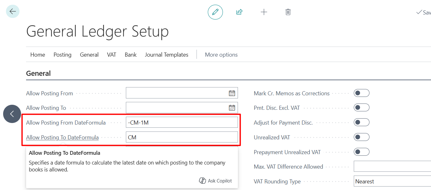 Business Central 2026 release wave 1 (BC28): Allow Posting From/To DateFormula (A new way to specify posting periods)