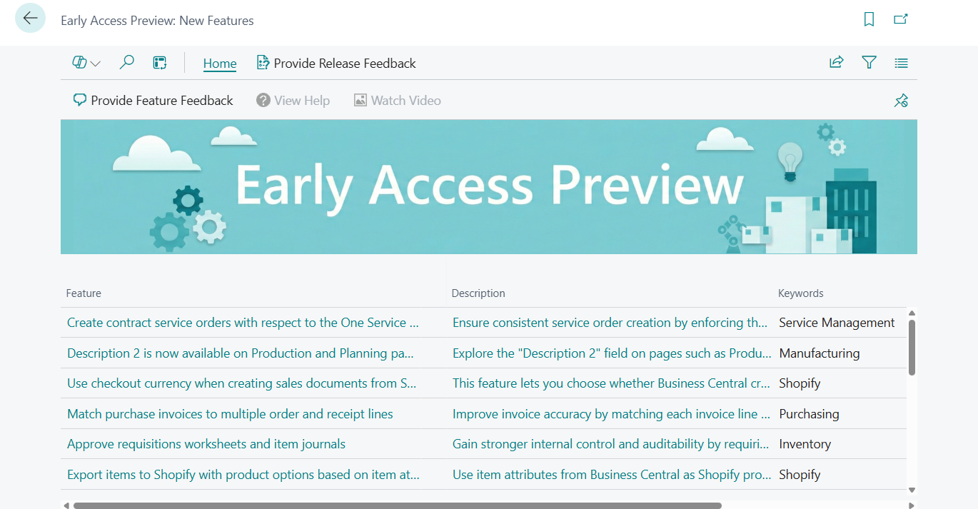Business Central 2026 release wave 1 (BC28): New Early Access Preview Features page (1965, List)
