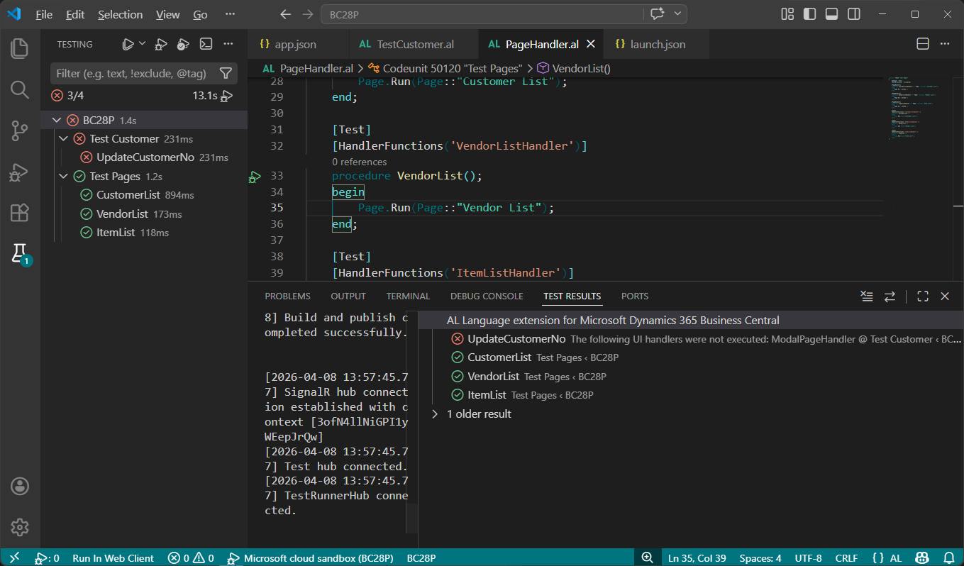 Business Central 2026 release wave 1 (BC28): Run AL tests from Visual Studio Code (Test codeunits and test methods)